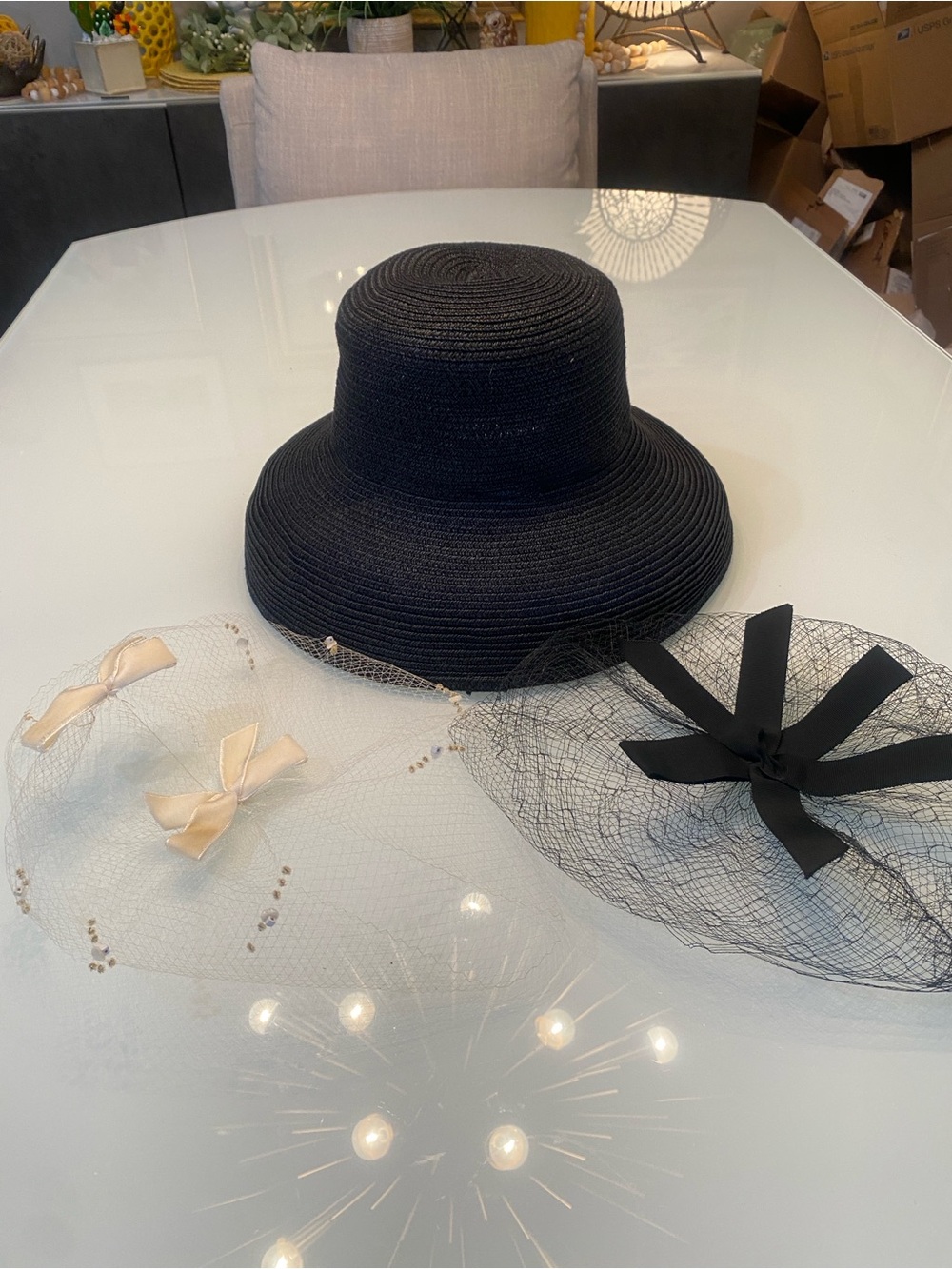 Vintage 3 Piece Millinery Lot Betmar Woven Sun Hat & Birdcage Veil Fascinators